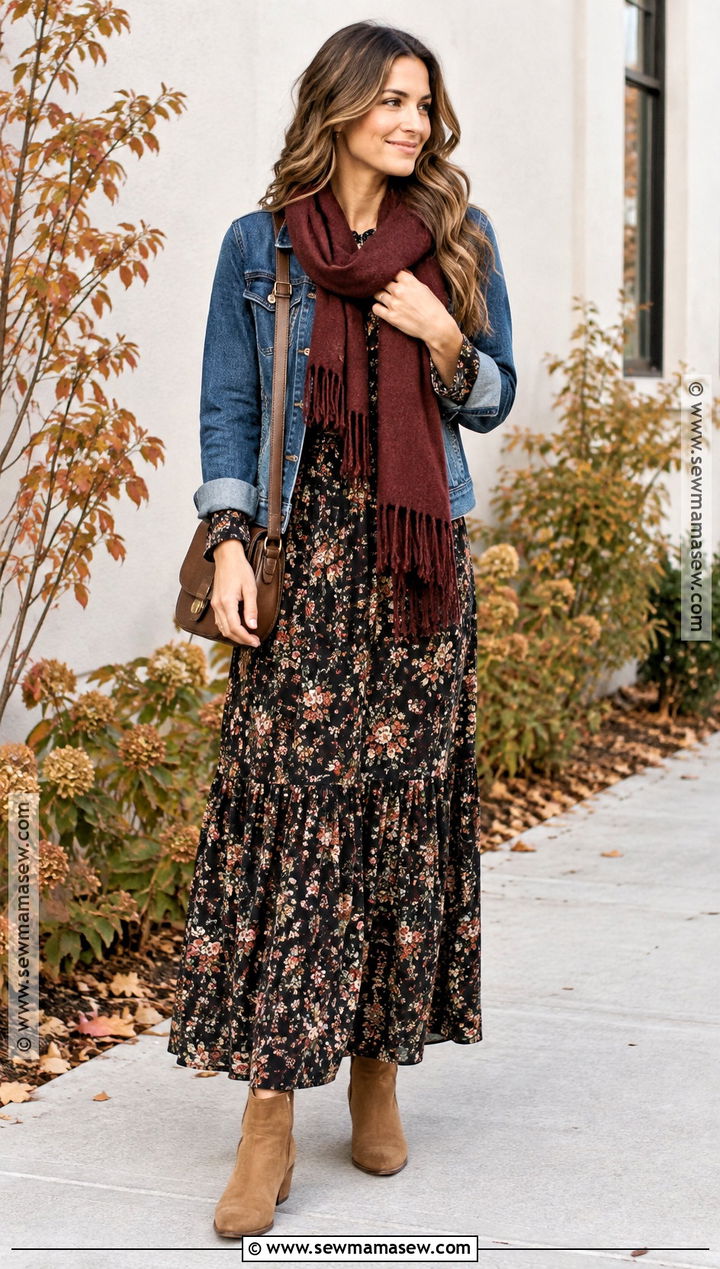 Modest Autumn Denim Jacket And Floral Maxi Dress Outfit - 20 autumn modest outfits