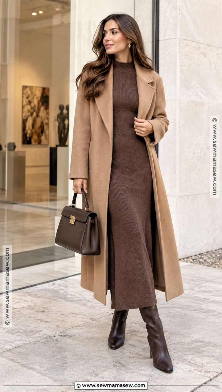 Modest Autumn Knit Dress And Long Coat Outfit - 25 modest autumn outfits
