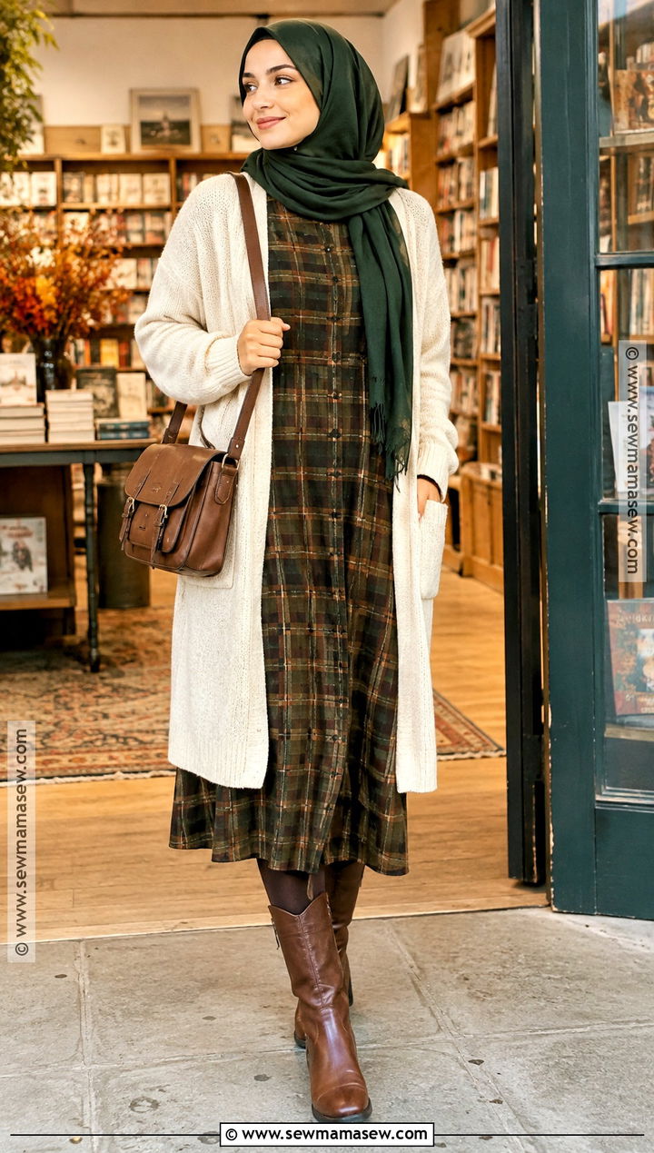 Modest Autumn Plaid Dress And Cardigan Outfit - 25 modest autumn outfits