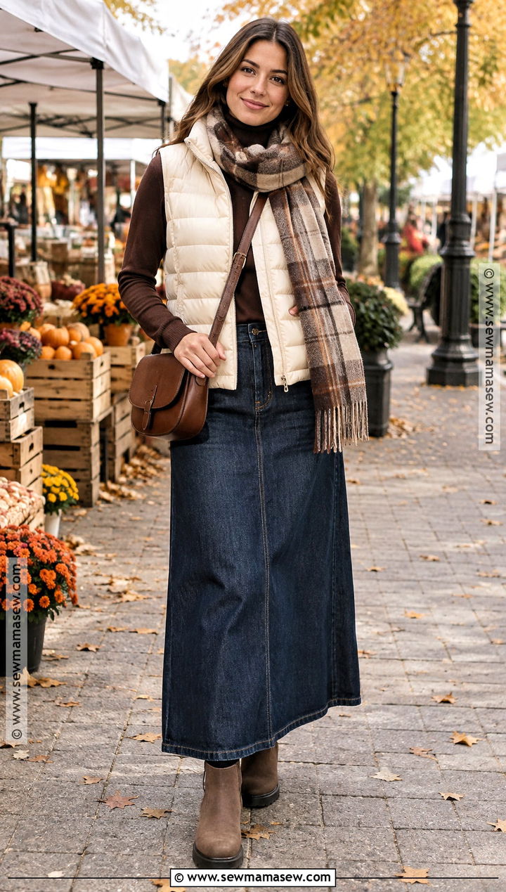Modest Autumn Puffer Vest And Maxi Skirt Outfit - 25 modest autumn outfits