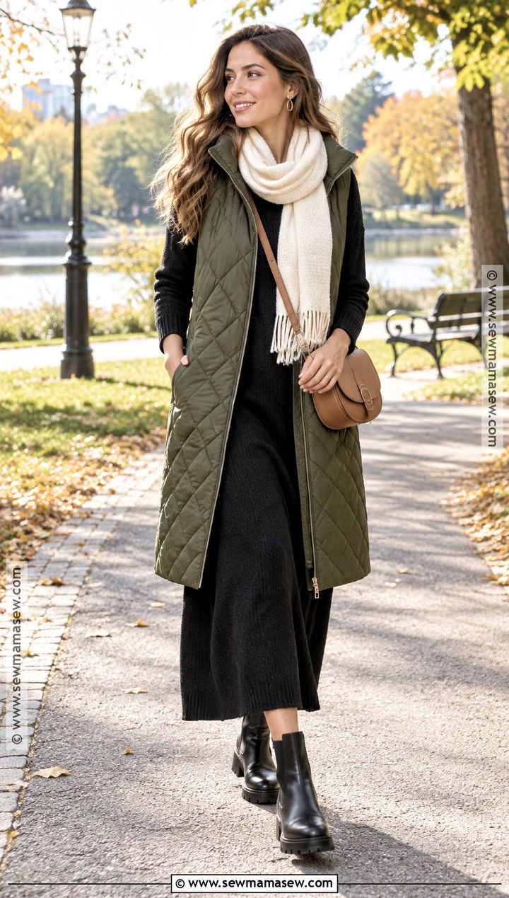 Modest Autumn Quilted Vest And Long Sleeve Dress Outfit - 20 autumn modest outfits