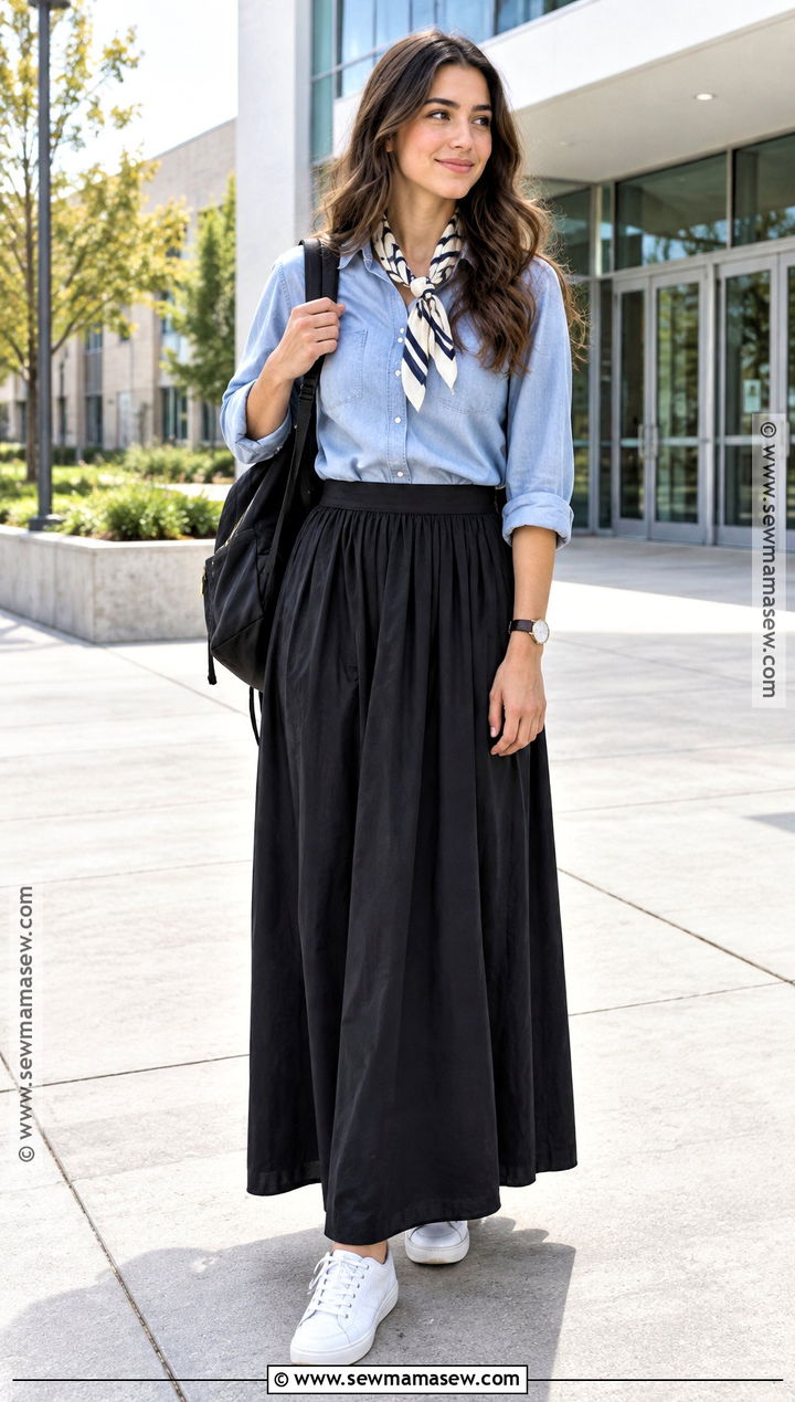 Modest Chambray Shirt And Black Maxi Skirt Outfit - 20 Back To School Modest Outfits