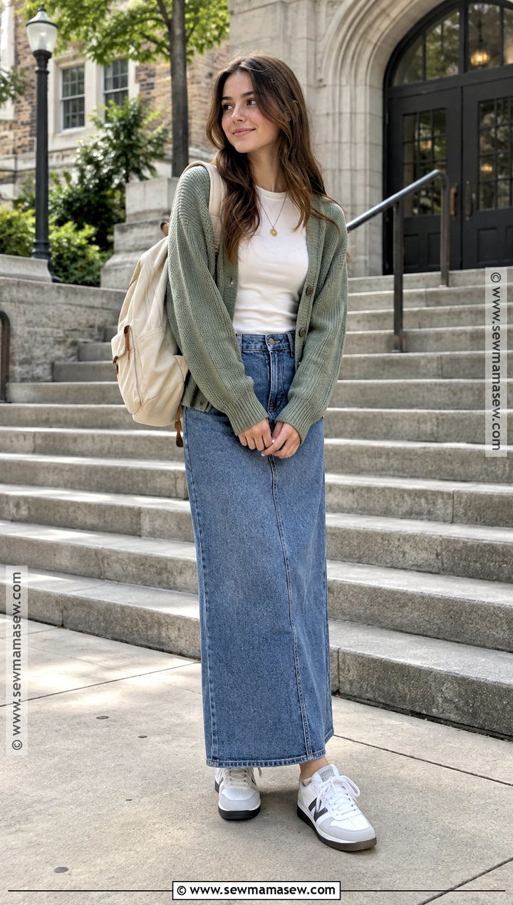 Modest Denim Maxi Skirt And Cardigan Outfit - 20 Back To School Modest Outfits