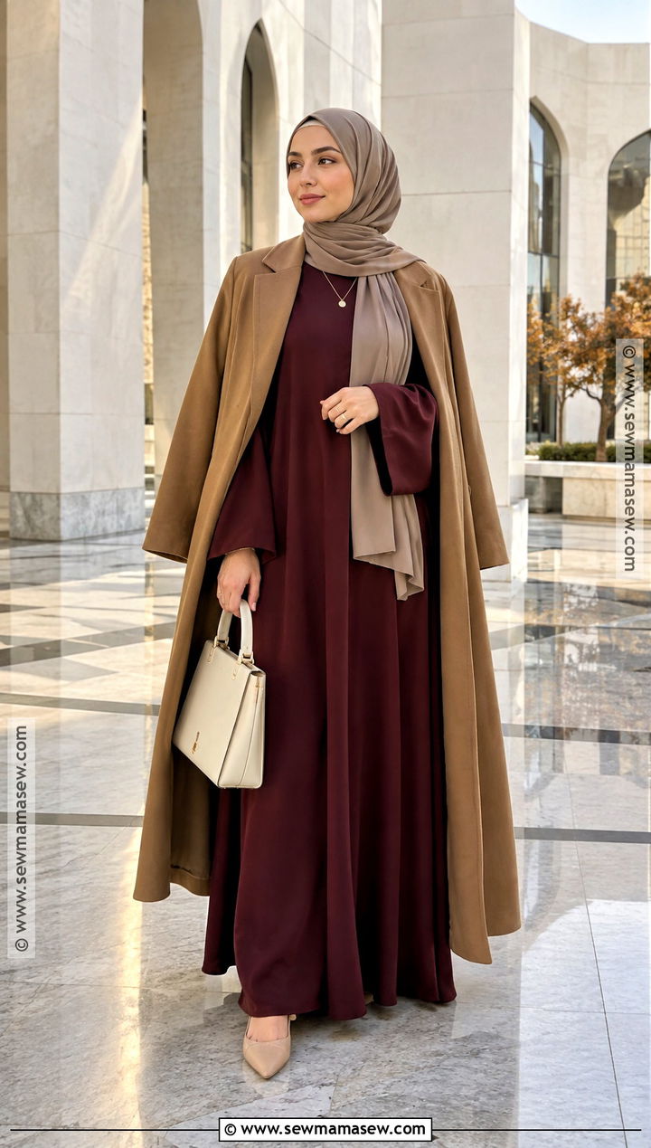 Modest Fall Burgundy Abaya And Neutral Hijab Outfit - 20 Modest Outfits Fall