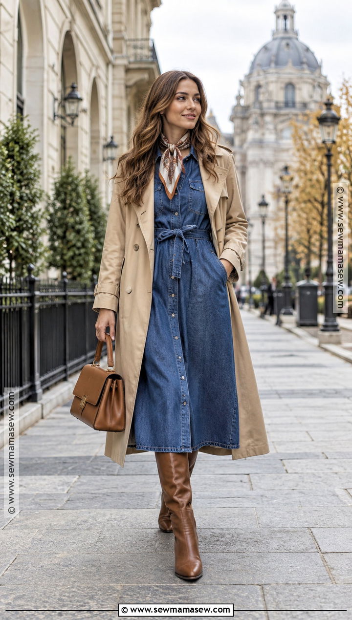 Modest Fall Denim Dress And Trench Coat Outfit - 20 Modest Outfits Fall