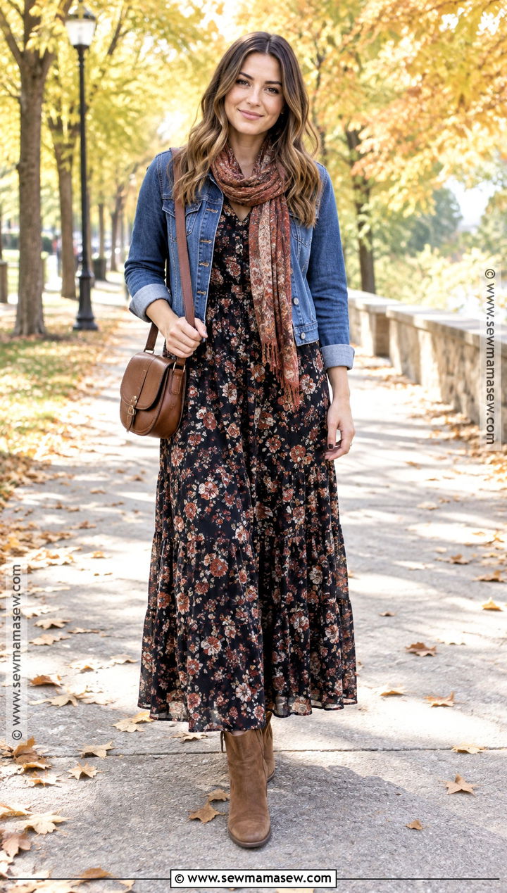 Modest Fall Denim Jacket And Floral Maxi Dress Outfit - 25 modest fall outfits