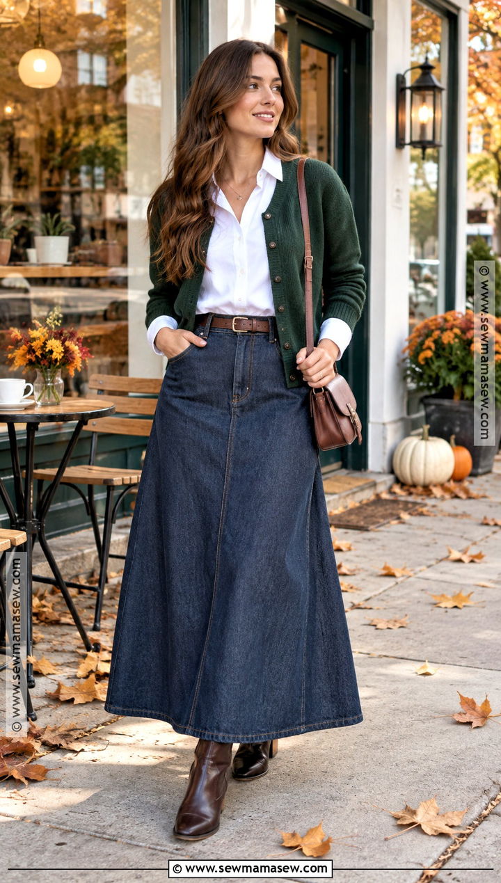 Modest Fall Denim Maxi Skirt And Cardigan Outfit - 20 Modest Outfits Fall