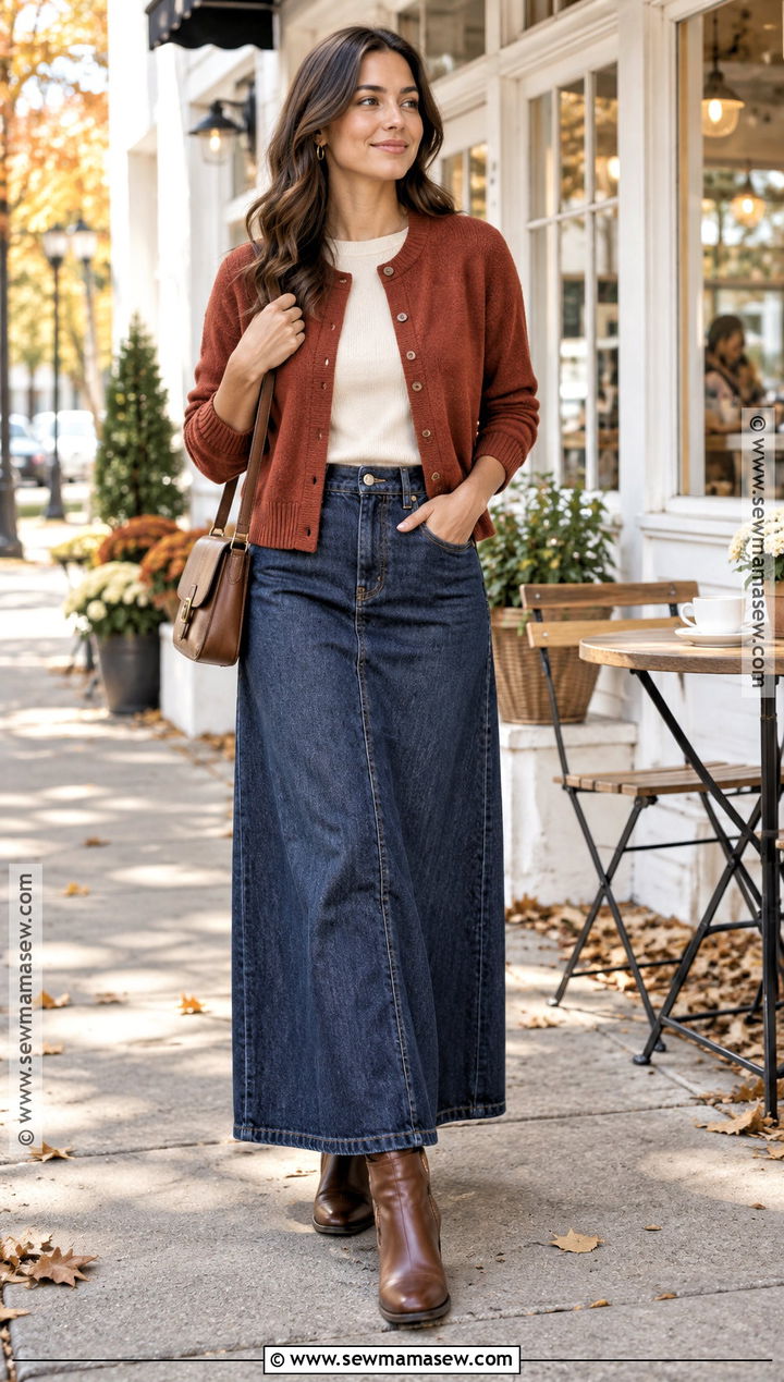 Modest Fall Outfit With Denim Maxi Skirt And Cardigan - 20 Modest Fall Outfit Inspo Aesthetic Ideas