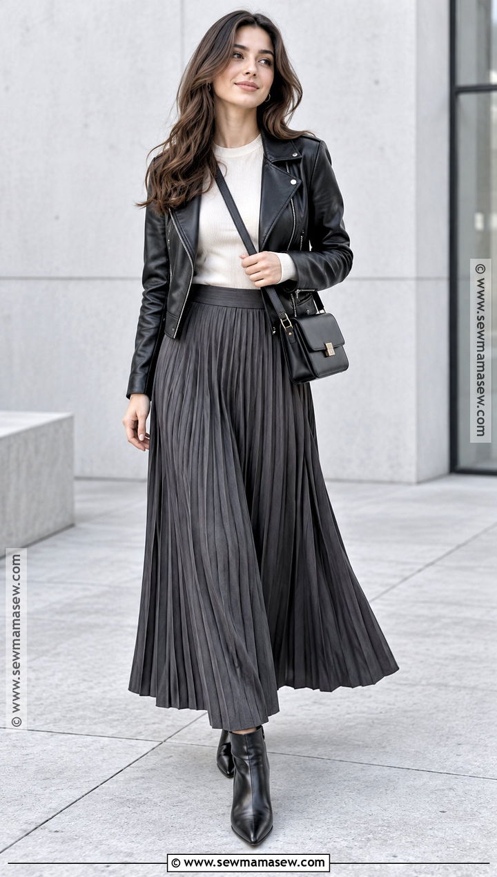 Modest Fall Outfit With Leather Jacket And Pleated Skirt - 20 Modest Fall Outfit Inspo Aesthetic Ideas