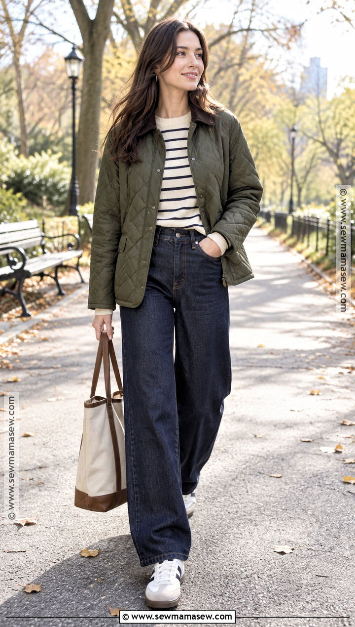 Modest Fall Outfit With Quilted Jacket And Wide Leg Jeans - 20 Modest Fall Outfit Inspo Aesthetic Ideas