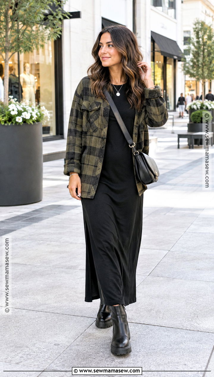 Modest Fall Outfit With Shacket And Black Maxi Dress - 20 Modest Fall Outfit Inspo Aesthetic Ideas