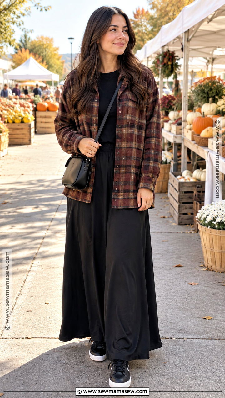 Modest Fall Plaid Overshirt And Black Maxi Skirt Outfit - 25 modest fall outfits