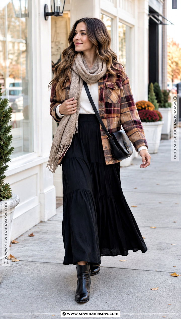 Modest Fall Plaid Shacket And Black Maxi Skirt Outfit - 20 Modest Outfits Fall