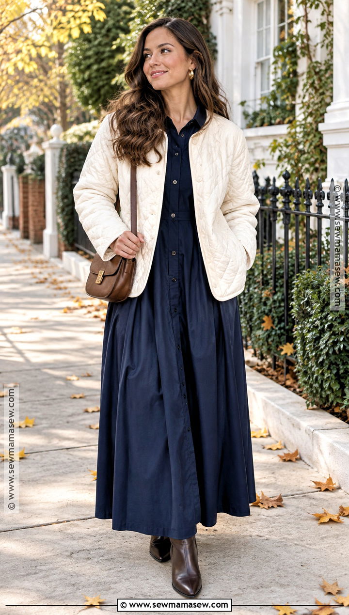 Modest Fall Quilted Jacket And Poplin Dress Outfit - 25 modest fall outfits
