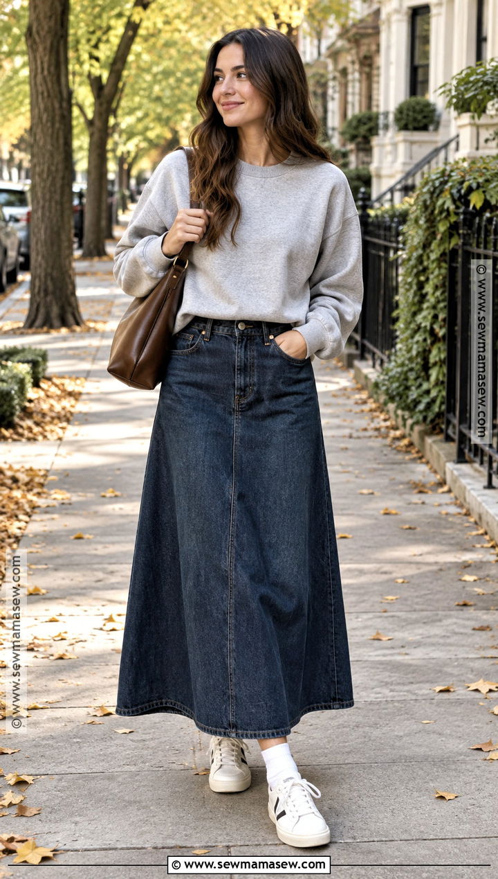 Modest Fall Sweatshirt And Denim Maxi Skirt Outfit - 25 modest fall outfits