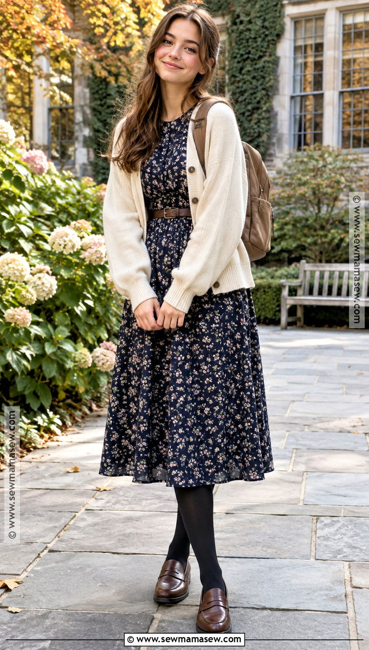 Modest Floral Midi Dress And Cardigan Outfit - 20 Back To School Modest Outfits