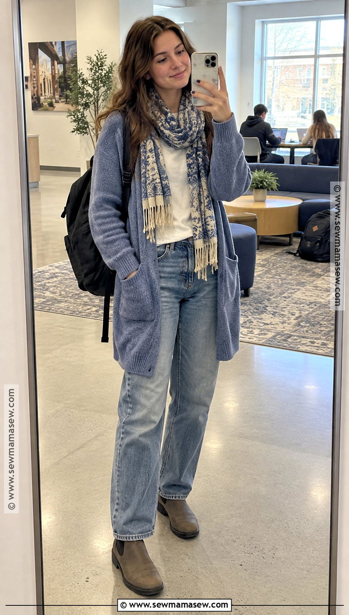 Modest Long Cardigan And Relaxed Jeans Outfit - 20 Back To School Modest Outfits