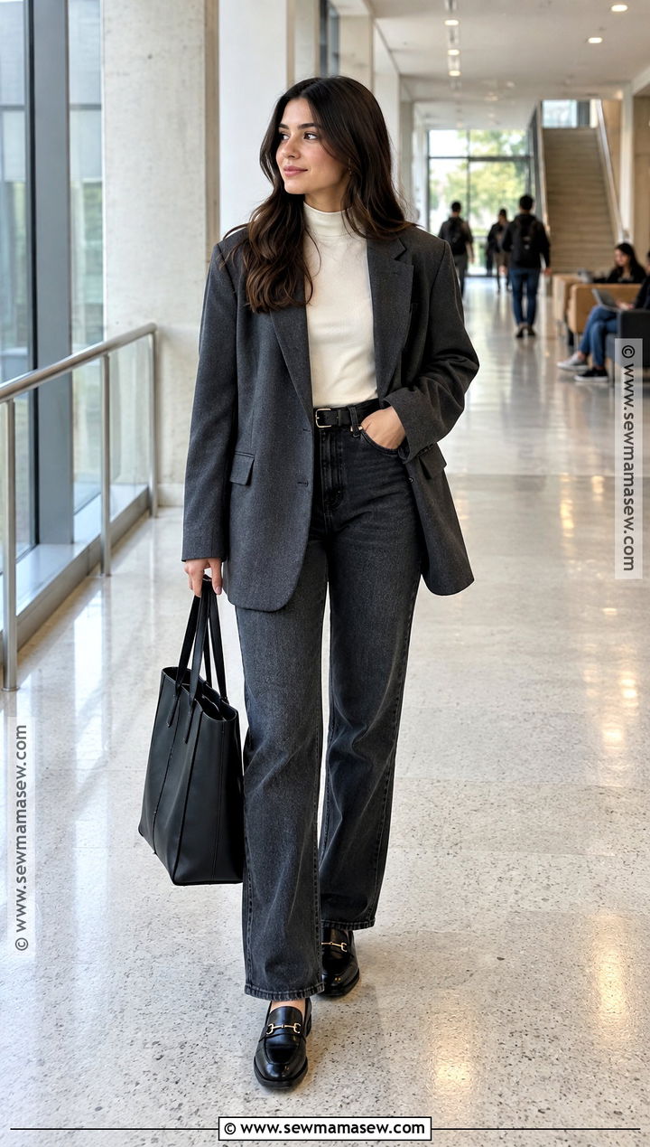 Modest Oversized Blazer And Straight Leg Jeans Outfit - 20 Back To School Modest Outfits