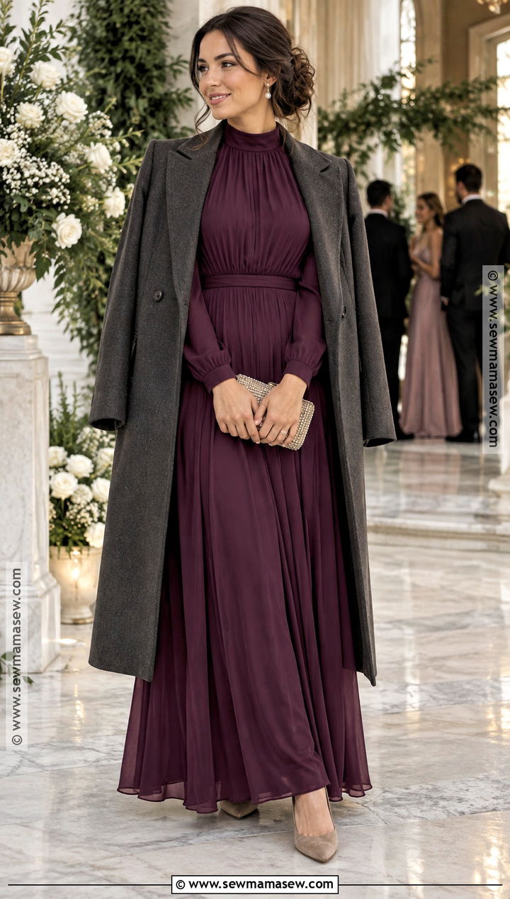 Modest Plum Maxi Dress With Sleeves - 20 wedding thanksgiving dress ideas