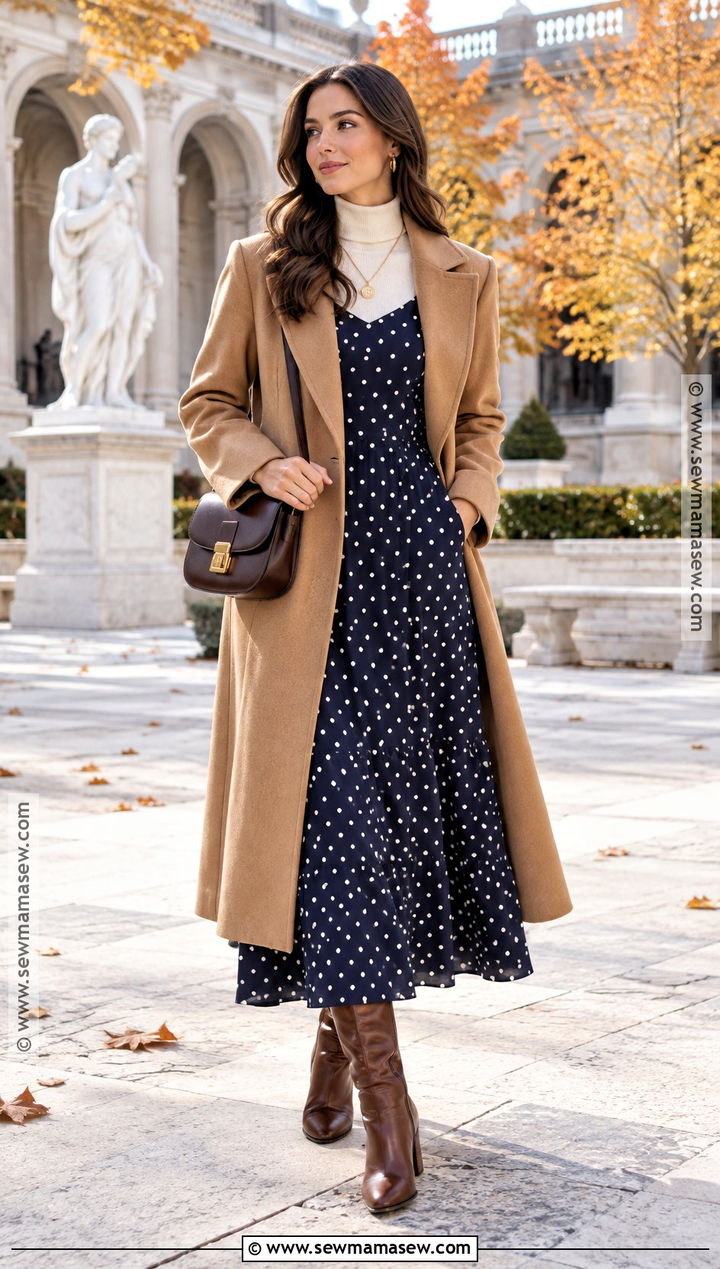 Modest Polka Dot Maxi Dress With A Turtleneck - 15 autumn polka dot dress ideas