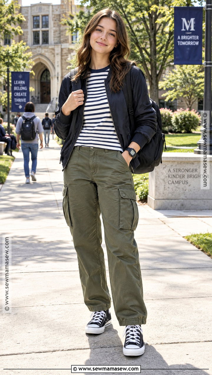 Modest Striped Long Sleeve Top And Cargo Pants Outfit - 20 Back To School Modest Outfits