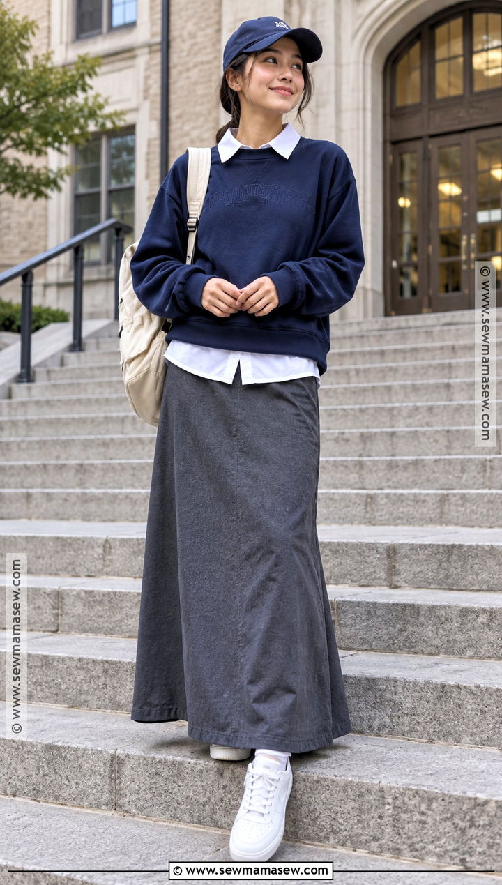 Modest Varsity Sweatshirt And Maxi Skirt Outfit - 20 Back To School Modest Outfits