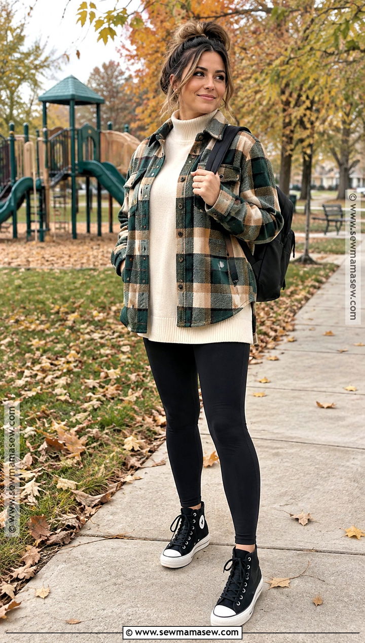 Mom Athleisure Leggings With Plaid Shacket - 15 mom athleisure style fall ideas