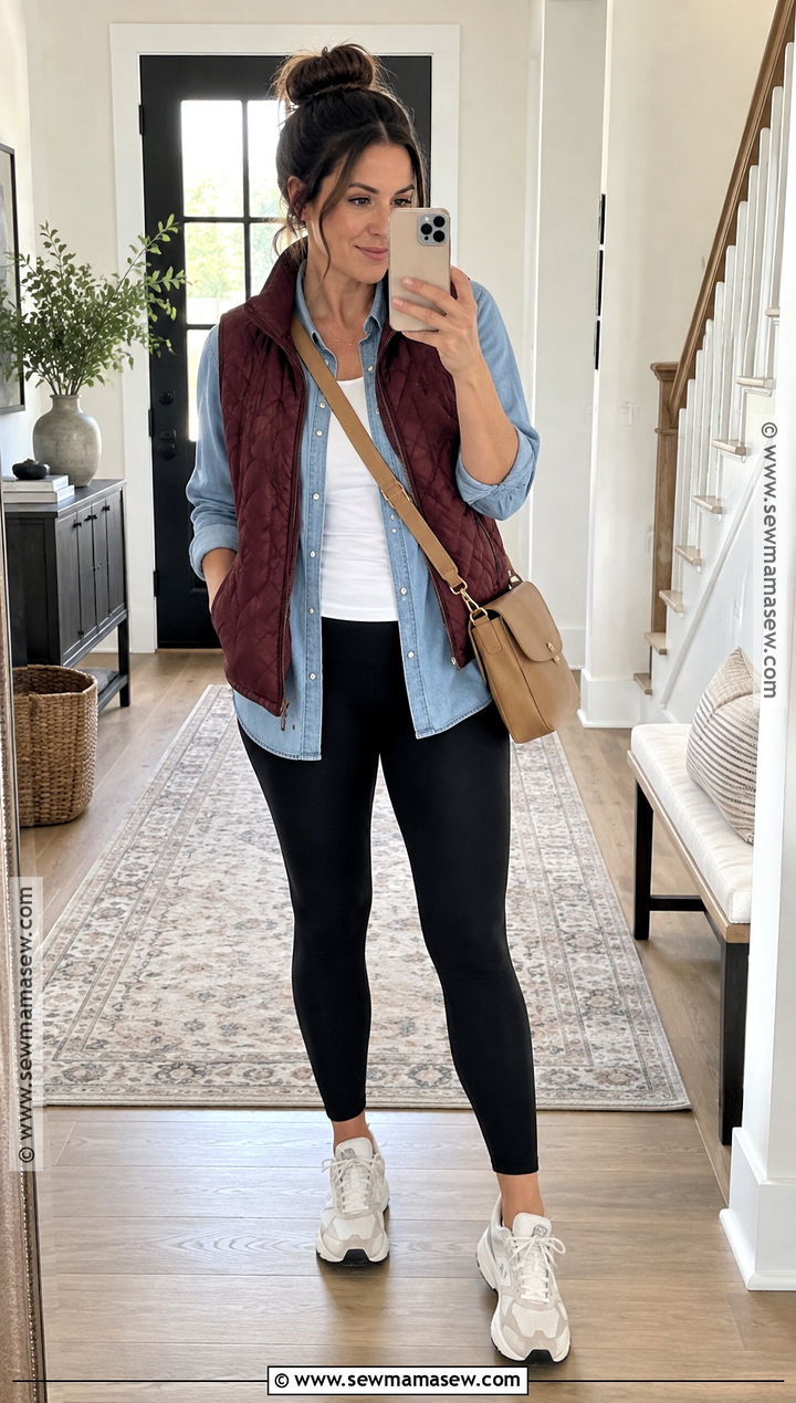 Mom Fall Outfit With A Denim Shirt And Black Leggings - 25 mom style fall ideas