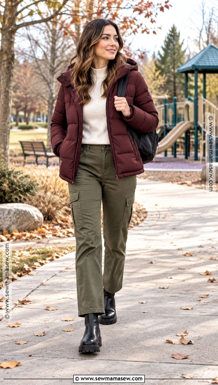 Mom Fall Outfit With A Puffer Jacket And Cargo Pants - 25 mom style fall ideas