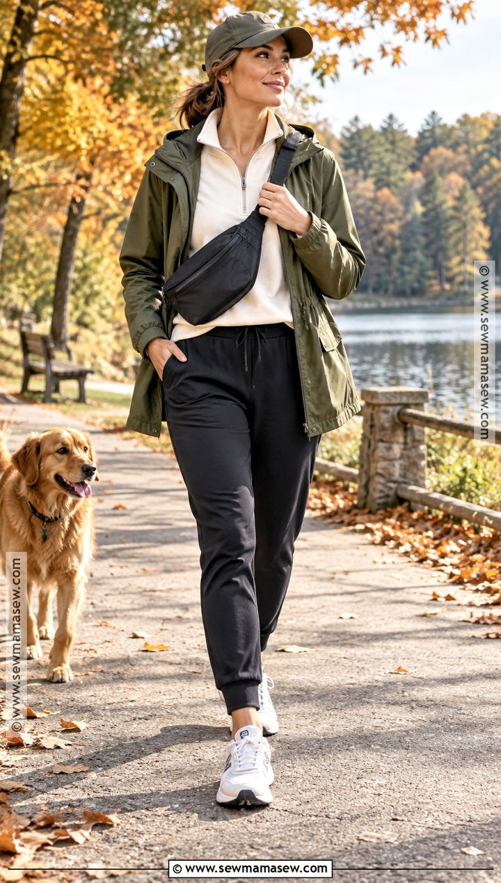 Mom Fall Outfit With Anorak and Joggers - 15 mom capsule wardrobe fall ideas