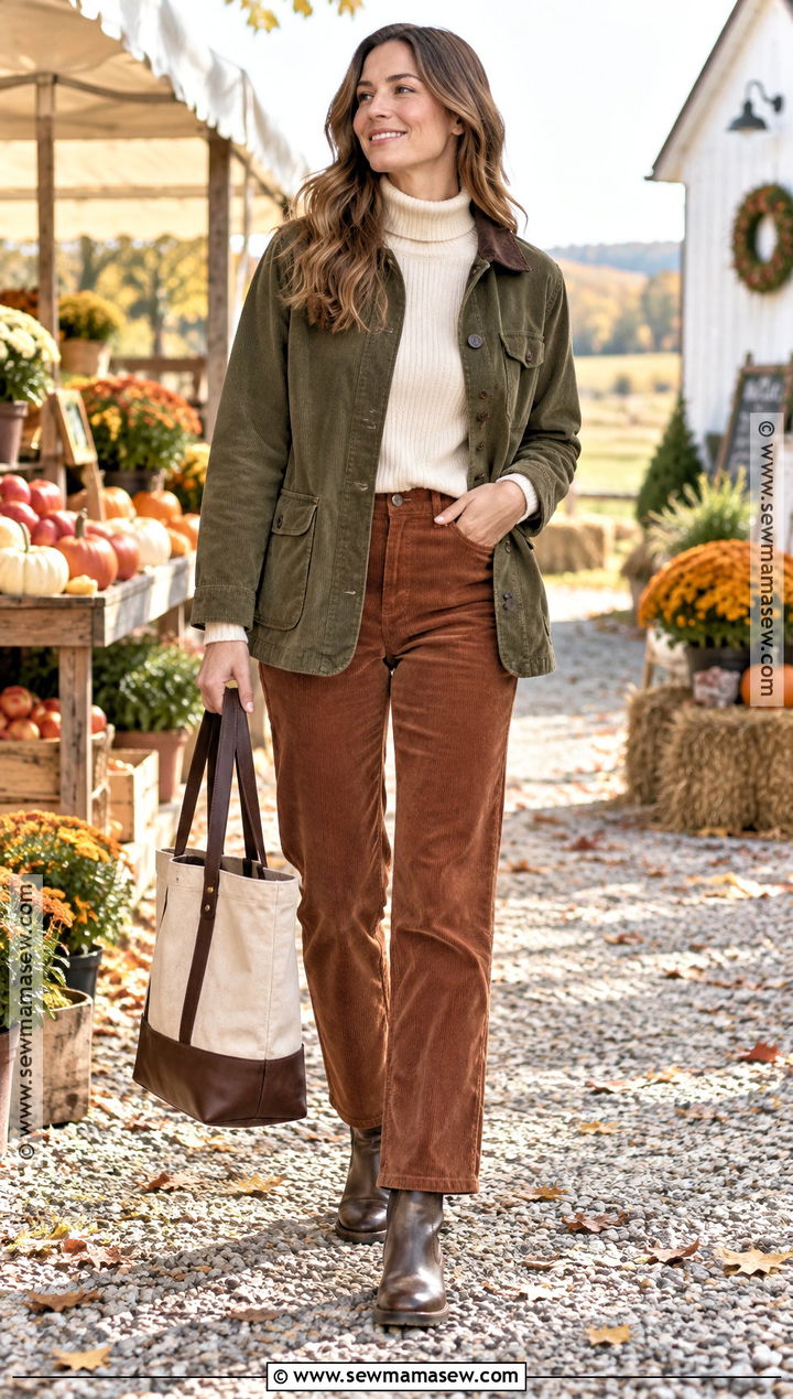 Mom Fall Outfit With Barn Jacket and Corduroy Pants - 15 mom capsule wardrobe fall ideas