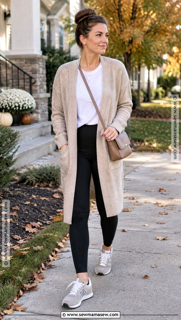 Mom Fall Outfit With Cardigan and Leggings - 15 mom capsule wardrobe fall ideas