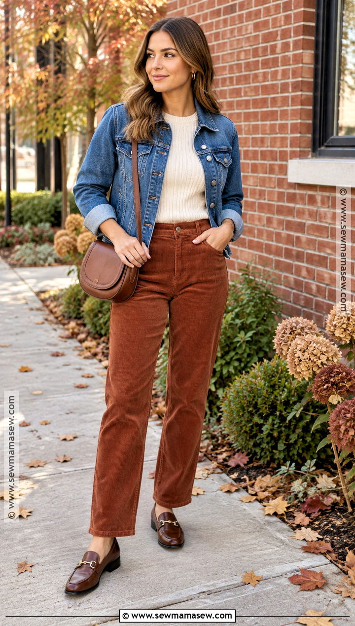 Mom Fall Outfit With Corduroy Pants And A Knit Top - 25 mom style fall ideas