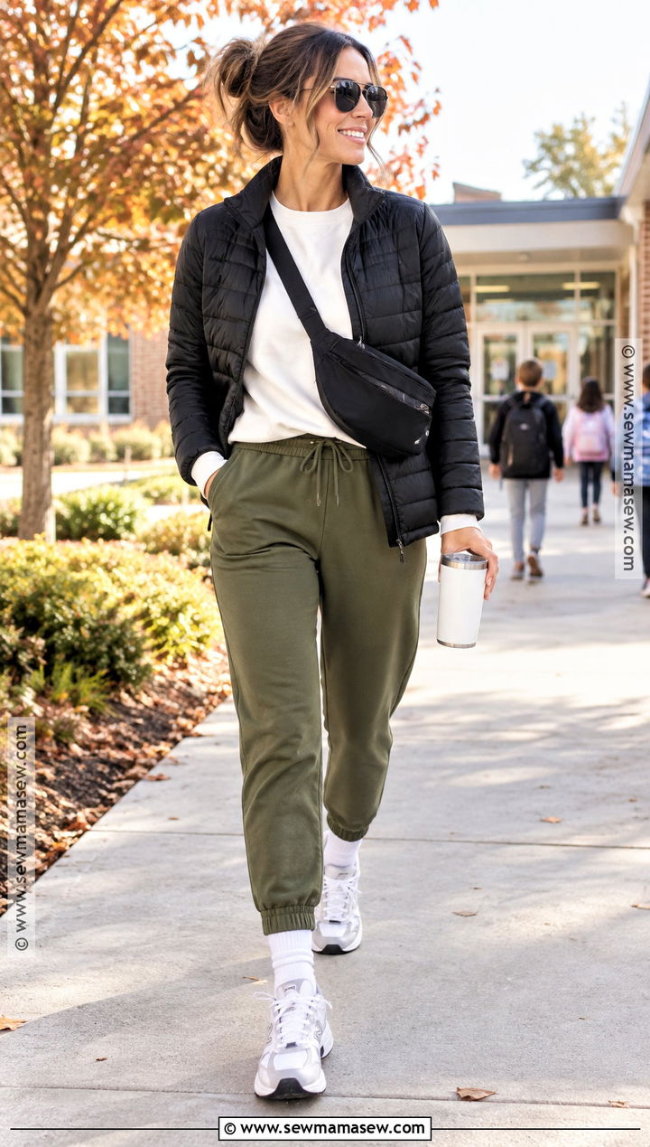 Mom Fall Outfit With Joggers And A Quilted Jacket - 25 mom style fall ideas