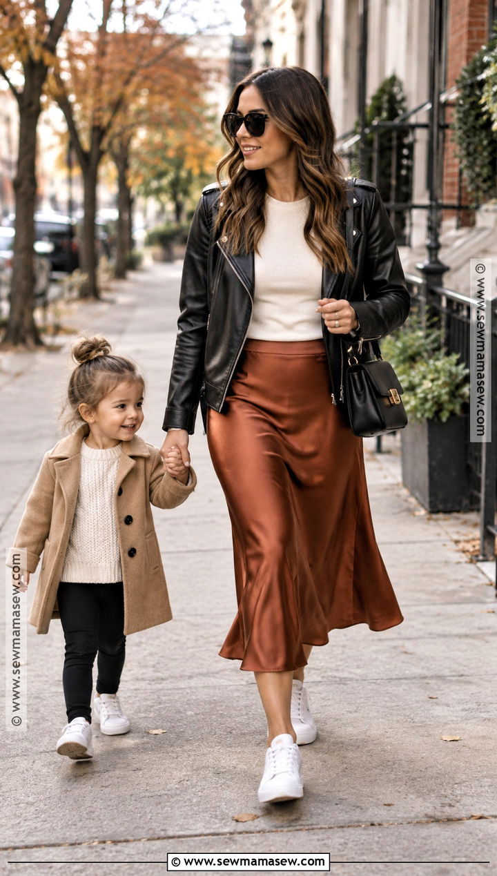Mom Fall Outfit With Leather Jacket and Midi Skirt - 15 mom capsule wardrobe fall ideas