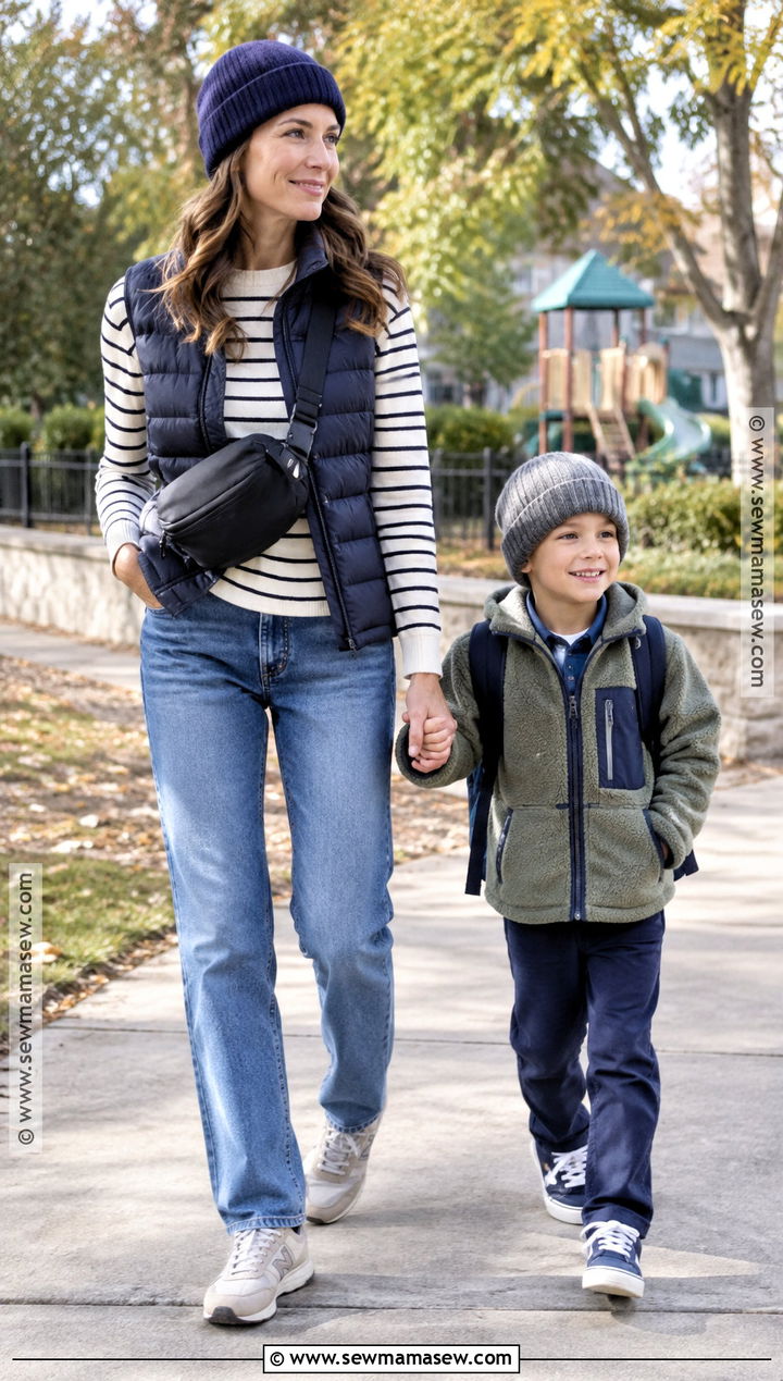 Mom Fall Outfit With Puffer Vest and Jeans - 15 mom capsule wardrobe fall ideas