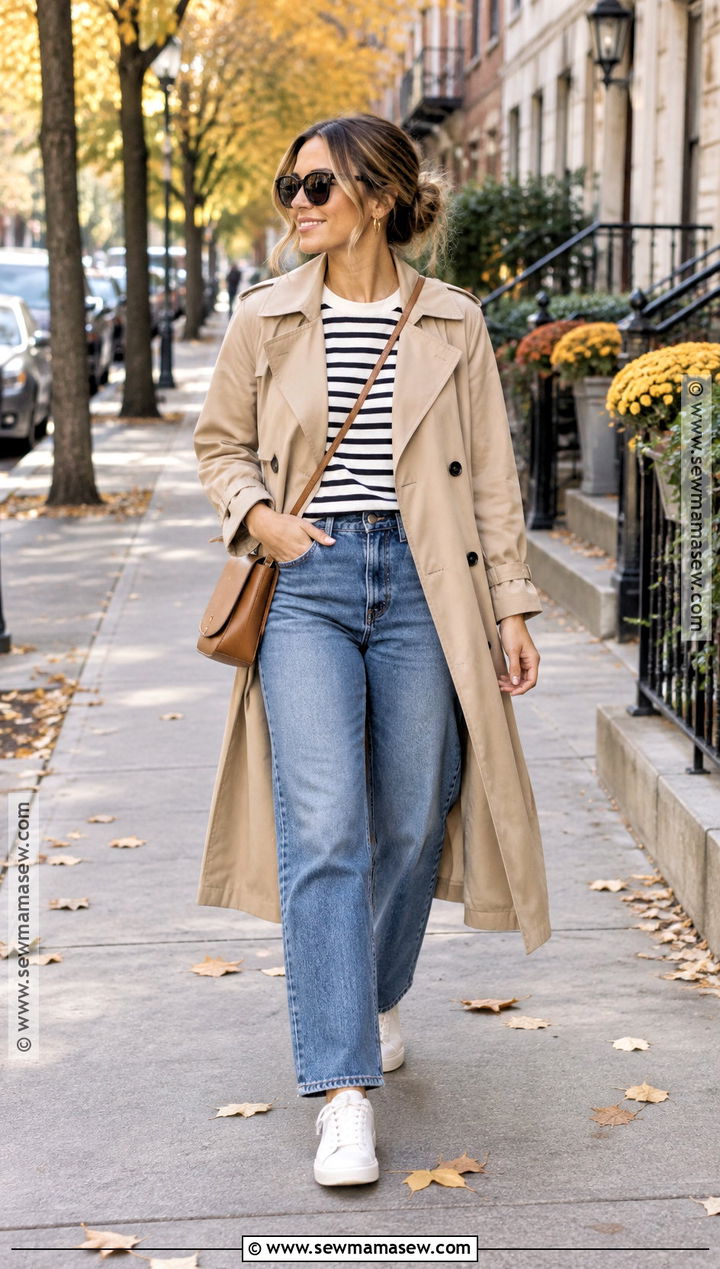 Mom Fall Outfit With Trench Coat and Jeans - 15 mom capsule wardrobe fall ideas