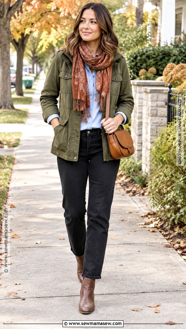 Mom Fall Outfit With Utility Jacket and Black Jeans - 15 mom capsule wardrobe fall ideas