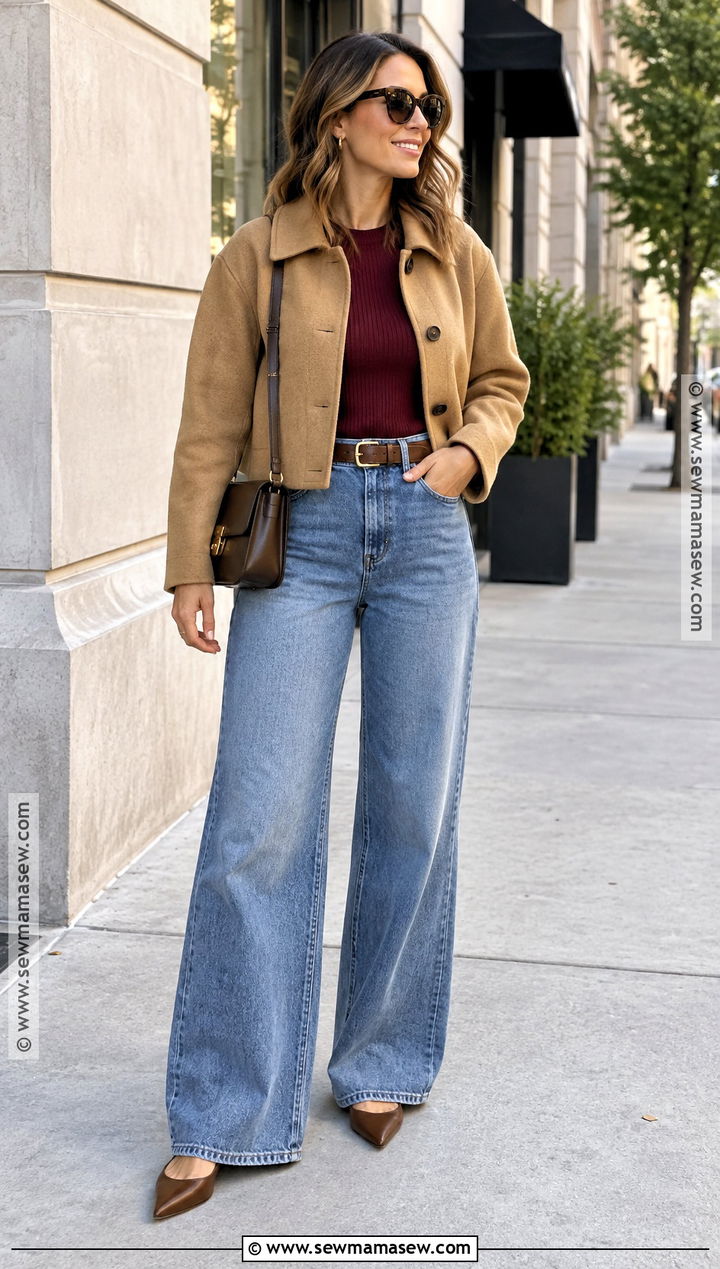 Mom Fall Outfit With Wide Leg Jeans And A Fitted Top - 25 mom style fall ideas