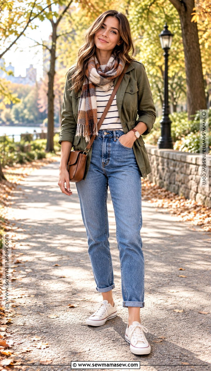 Mom Jeans And Canvas Sneakers With A Utility Jacket - 15 Fall Outfits Jeans And Sneakers