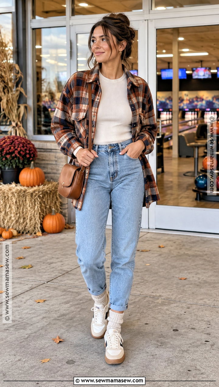 Mom Jeans And Plaid Shacket Bowling Outfit - 15 bowling outfit ideas fall
