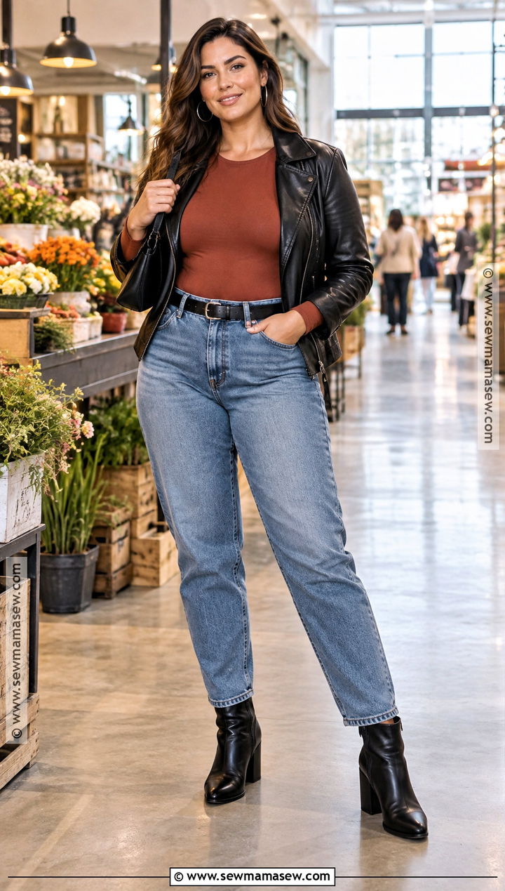 Mom Jeans With Bodysuit and Leather Jacket - 20 date night jeans outfit fall