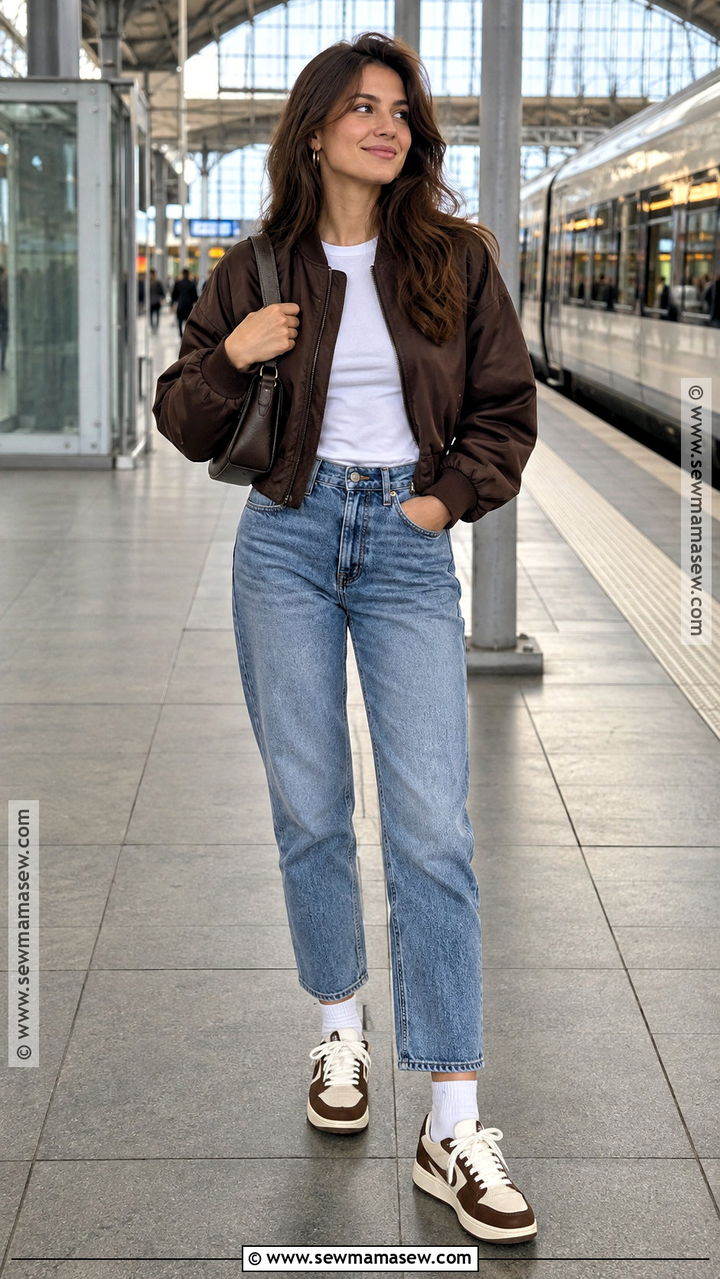 Mom Jeans With Bomber Jacket And Retro Sneakers - 20 Mom Jeans Autumn Outfit