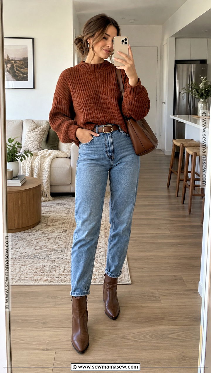 Mom Jeans With Brown Ankle Boots And Chunky Knit - 20 brown boots outfit fall jeans