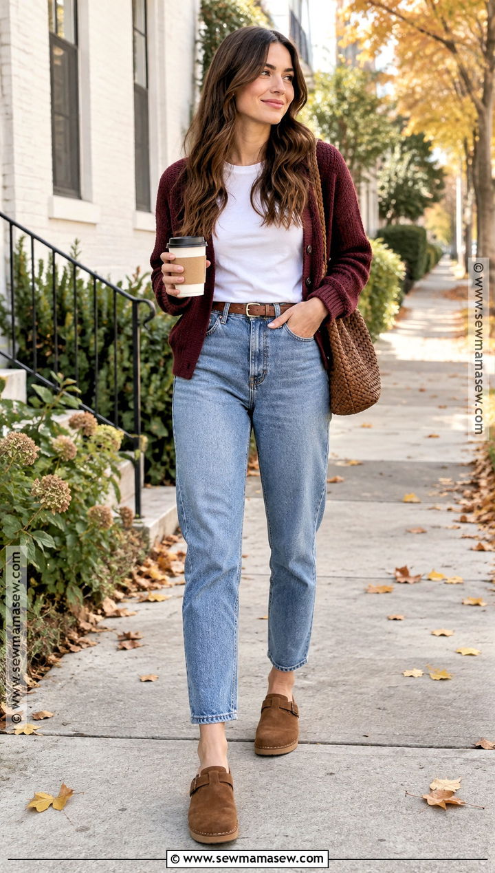 Mom Jeans With Cardigan And Clogs - 20 Fall Mom Jeans Outfit
