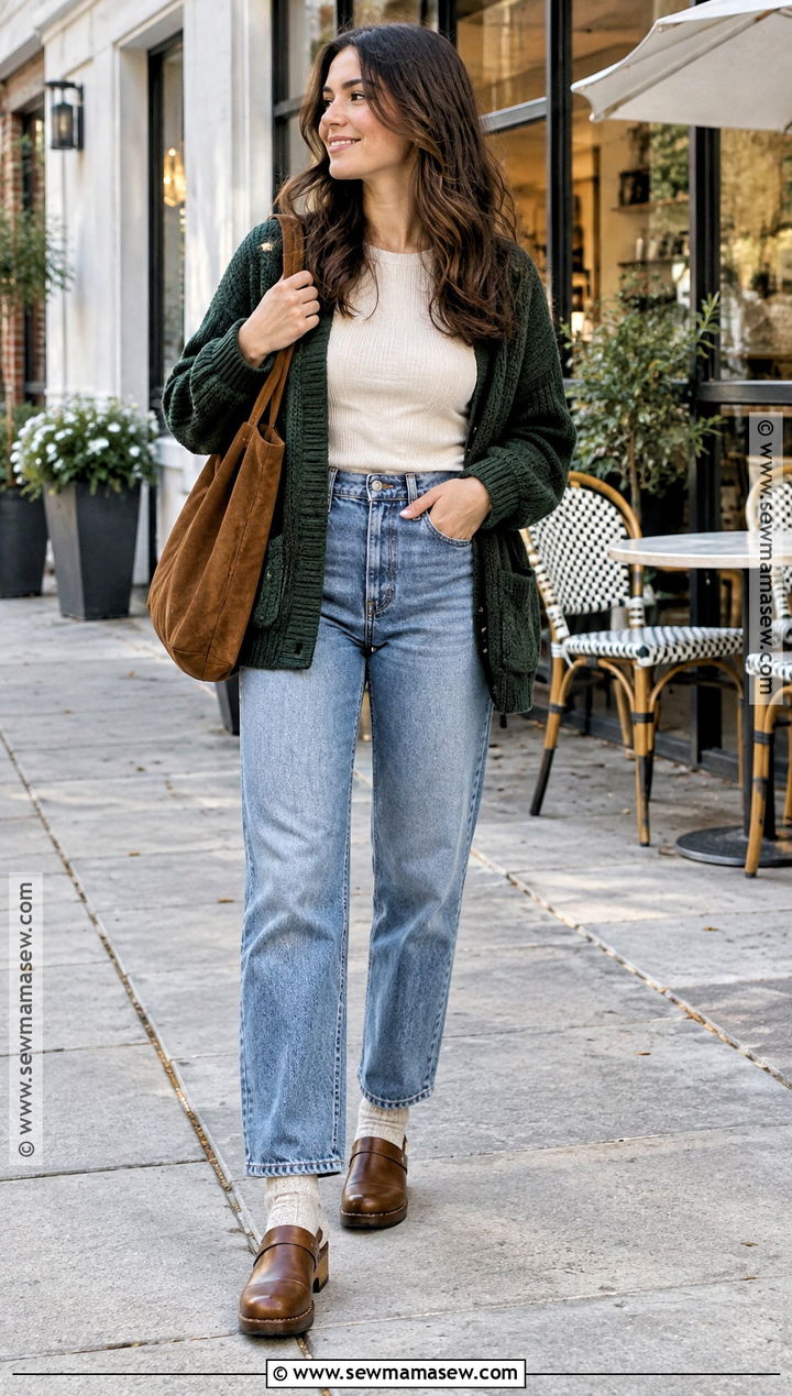 Mom Jeans With Chunky Cardigan And Clogs - 20 mom jeans outfit fall