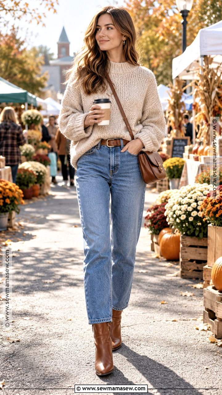 Mom Jeans With Chunky Sweater And Ankle Boots - 20 Mom Jeans Autumn Outfit