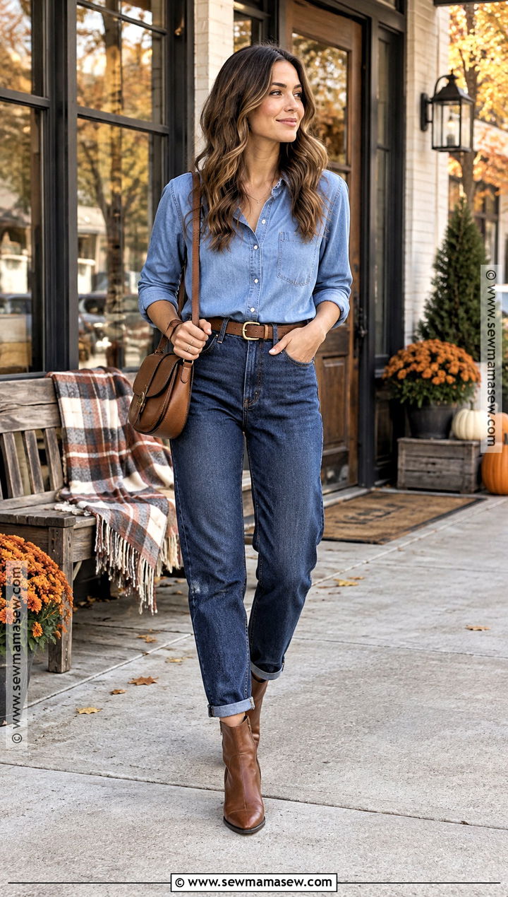 Mom Jeans With Denim Shirt And Western Boots - 20 mom jeans fall outfit