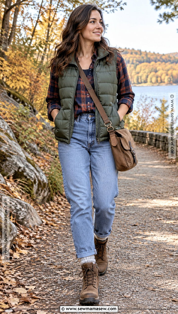 Mom Jeans With Flannel Shirt And Puffer Vest - 25 fall outfit jeans