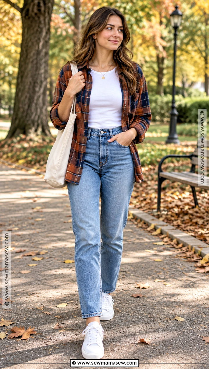 Mom Jeans With Flannel Shirt And Sneakers - 20 mom jeans outfit fall